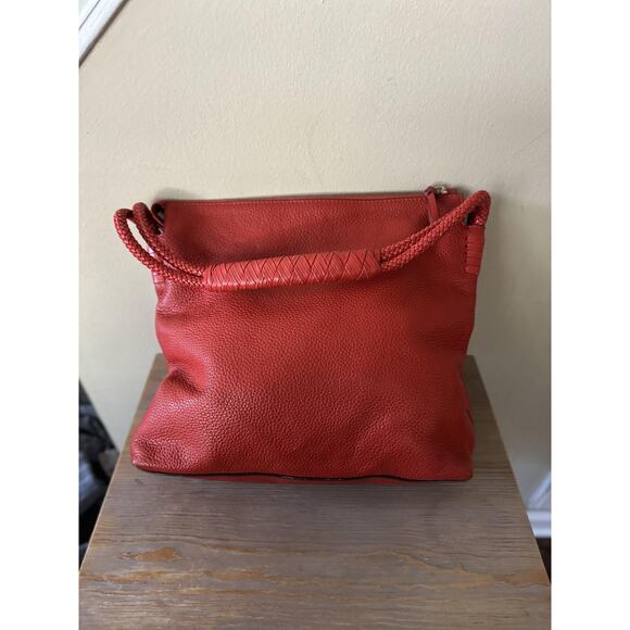 Tory Burch Leather Shoulder Bag Womens Red Braided Handle Hobo Pebbled Logo Zip - Picture 5 of 12